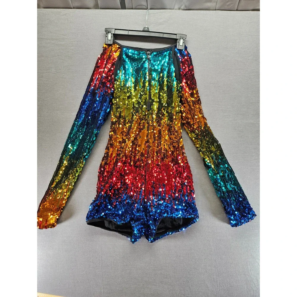 Rainbow Sequin Long Sleeve Romper Festival Rave Ombre Bodysuit Multicolor L/XL